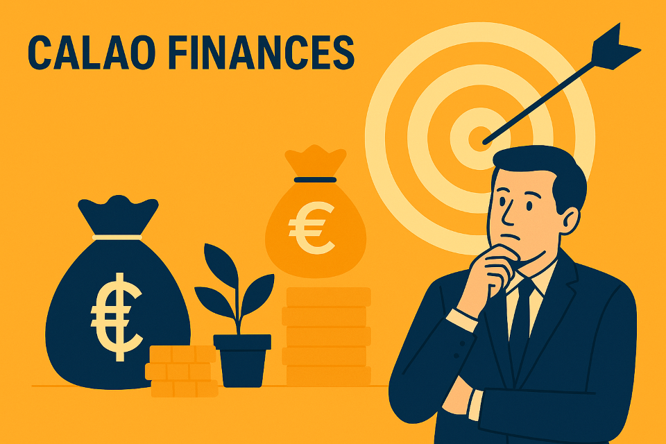 Calao Finances : illustration d’un investisseur avec des symboles monétaires en euros et une cible, représentant l’investissement stratégique