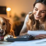Femme comparant des offres pour une assurance animaux pas chère avec son chien