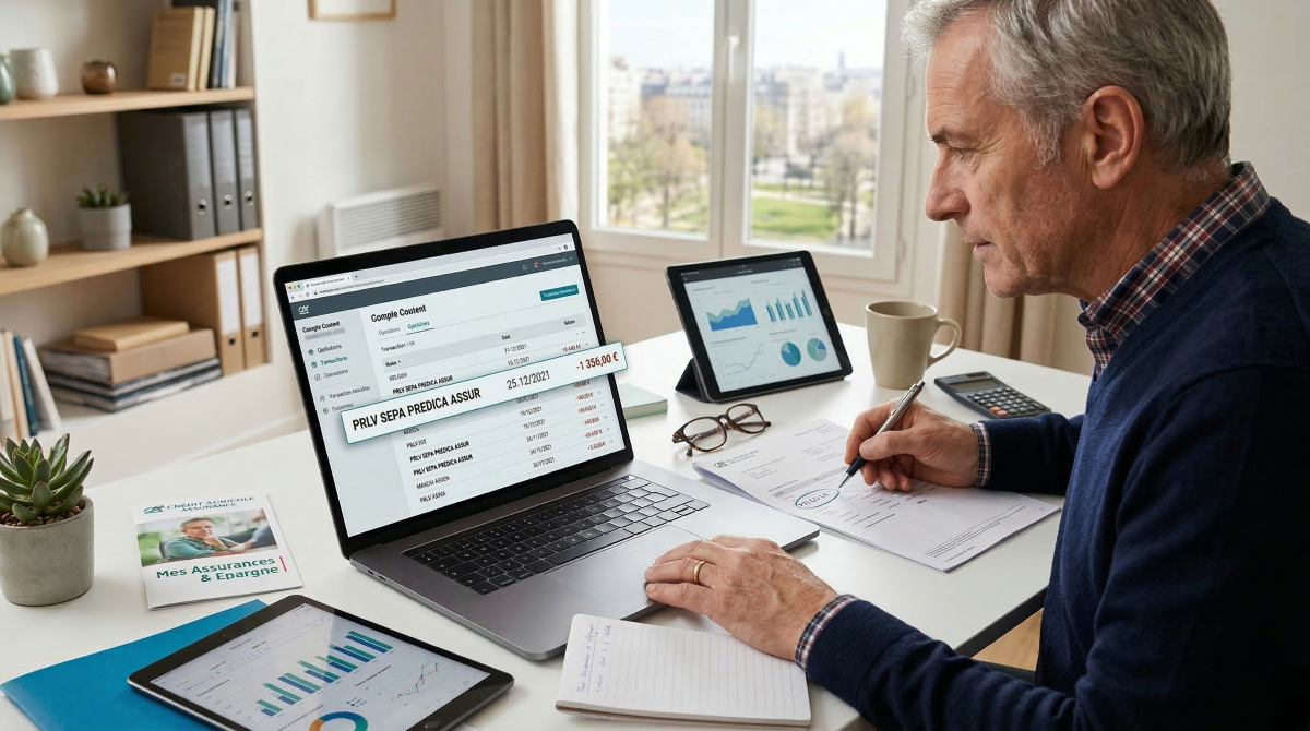 Analyse d'un relevé bancaire affichant un prélèvement Prédica sur un ordinateur portable