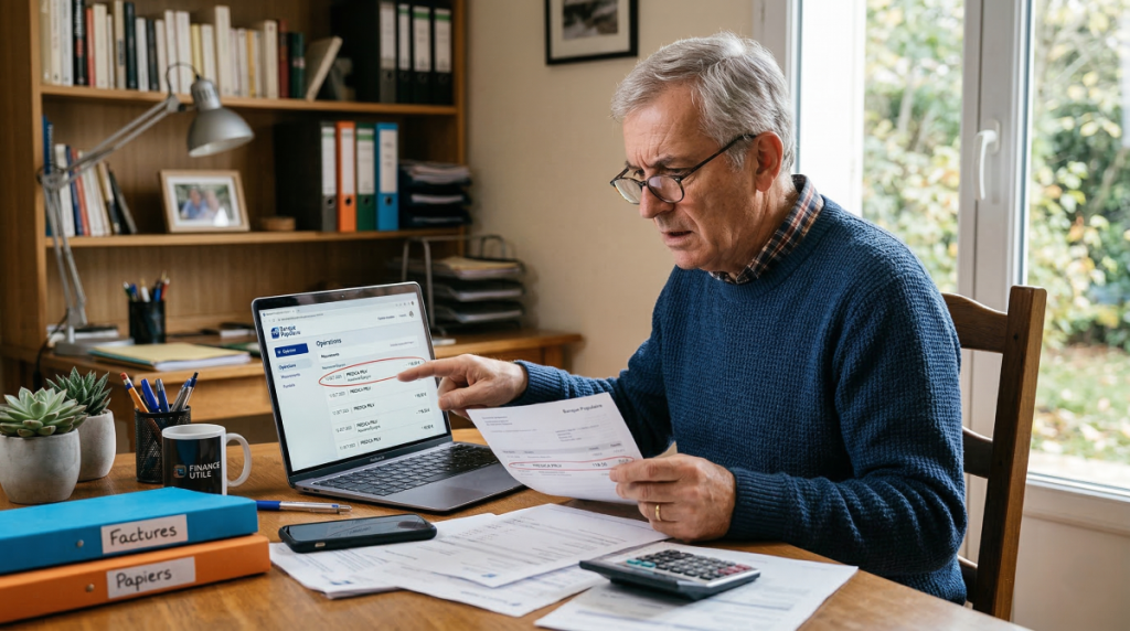 Un homme examine son relevé bancaire papier et son ordinateur pour identifier précisément le prélèvement Prédica.