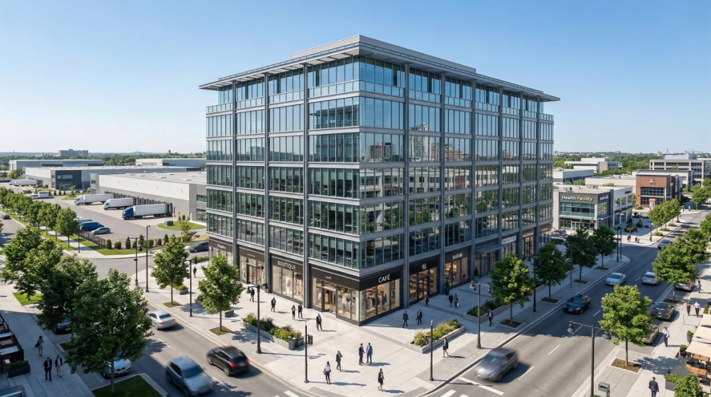 Immeuble moderne regroupant des bureaux et des commerces, illustrant le marché de l'immobilier d'entreprise.
