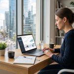 Espace de travail moderne illustrant une reconversion professionnelle préparée via une formation en ligne en finance.