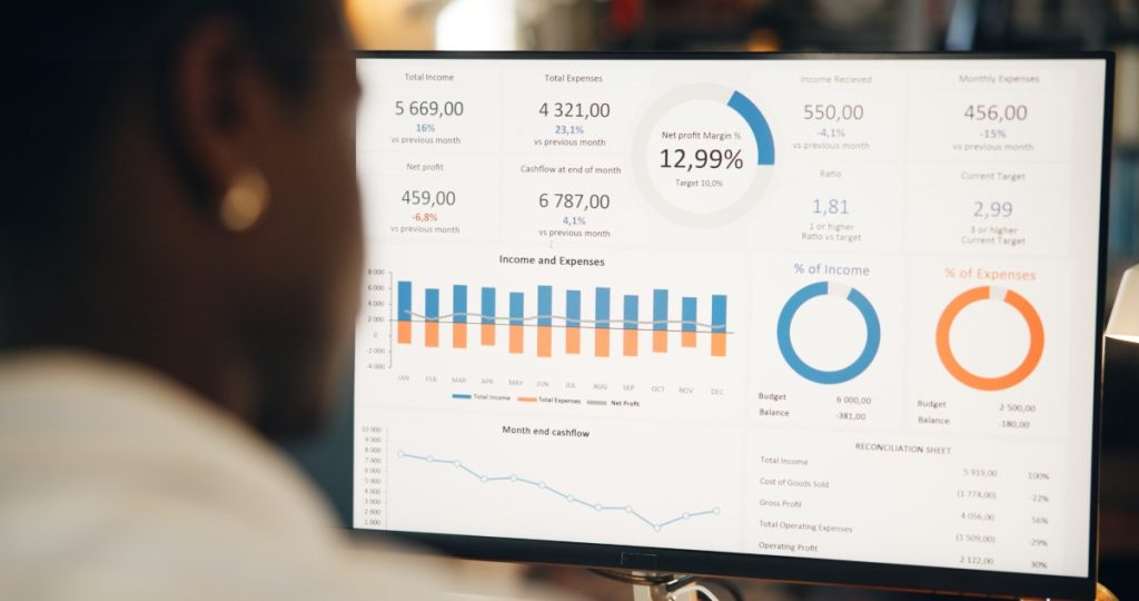 Un dirigeant analyse ses indicateurs de performance via le calcul ROI Rezoactif sur un tableau de bord.
