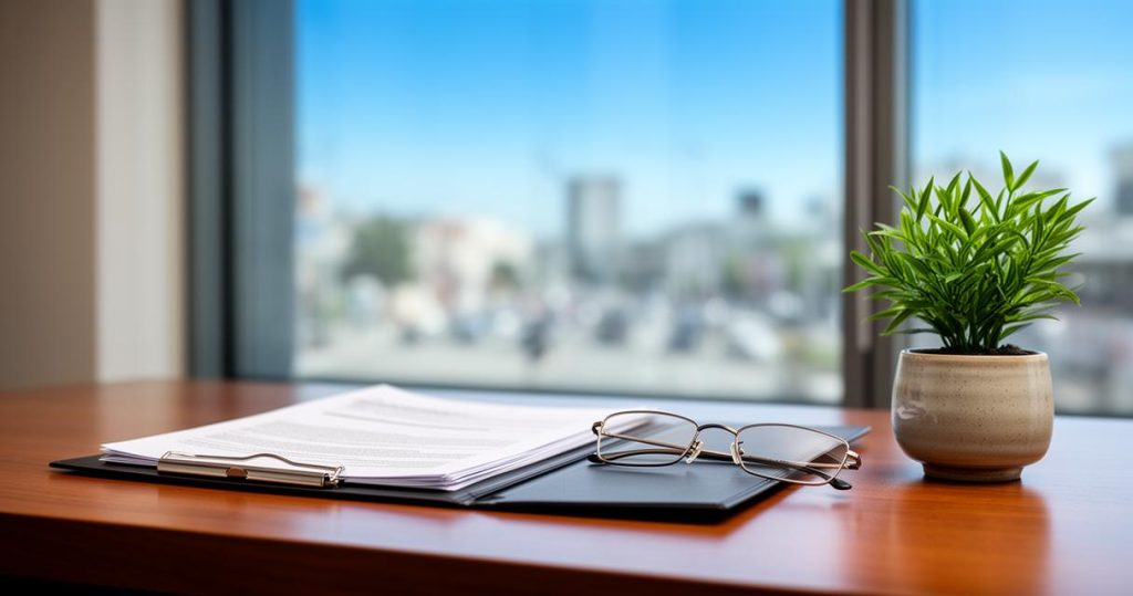 Dossier et lunettes posés sur un bureau pour l'étude approfondie d'un contrat d'assurance auto tous risques.