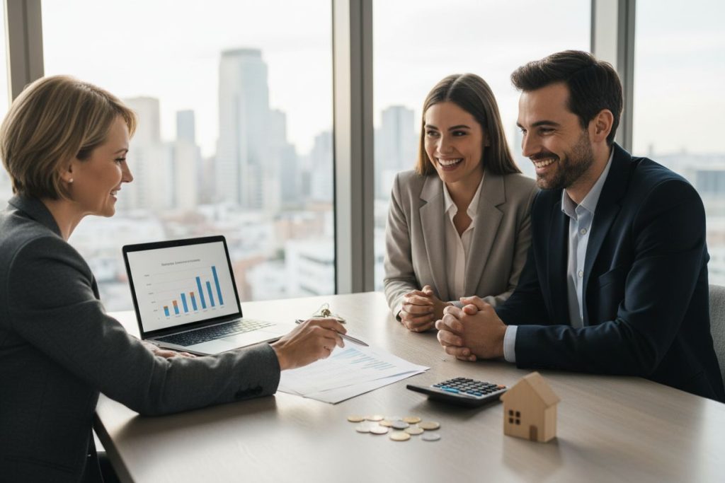 Un courtier assurance emprunteur présente des résultats financiers détaillés à un couple lors d'un rendez-vous de conseil.