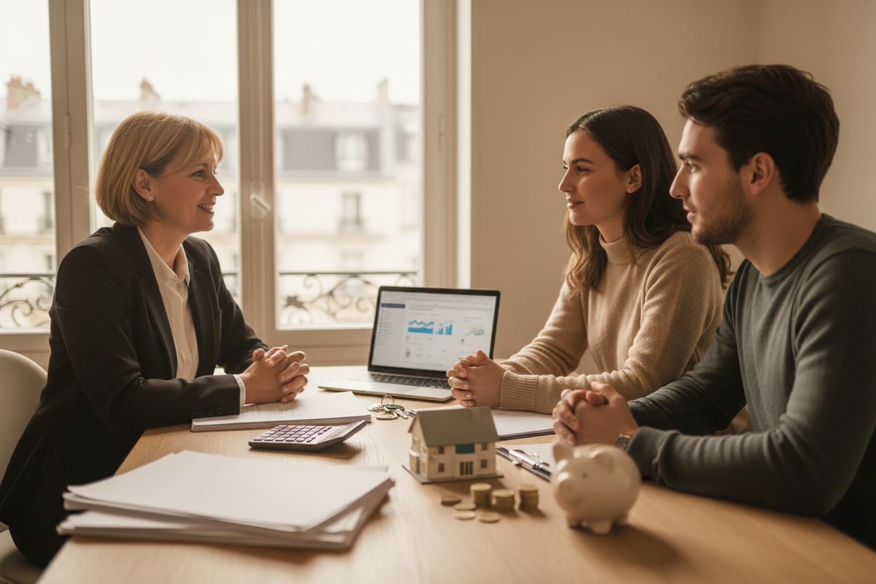 Un courtier assurance emprunteur professionnel simule des économies sur le bureau d'un couple pour leur projet immobilier, avec un ordinateur portable, une calculatrice et une tirelire.