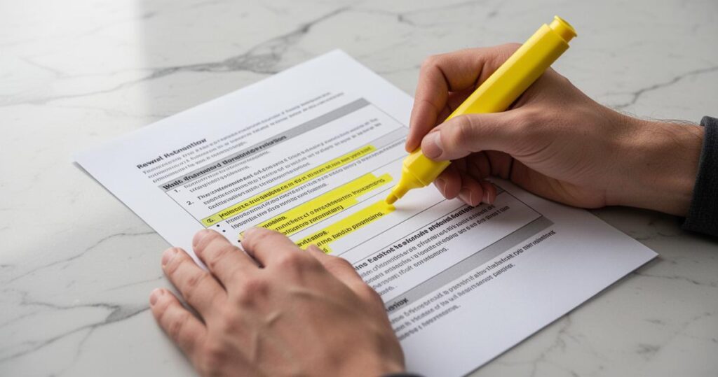 Une personne utilise un surligneur jaune sur un document pour vérifier son relevé de carrière en détail.